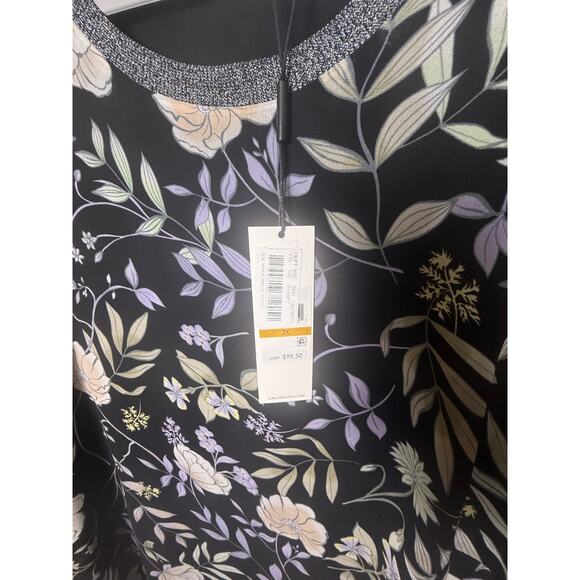 Calvin Klein 3X Black Purple Floral Vines Tunic NEW Tags Sheer Silver Neckline - Picture 5 of 12